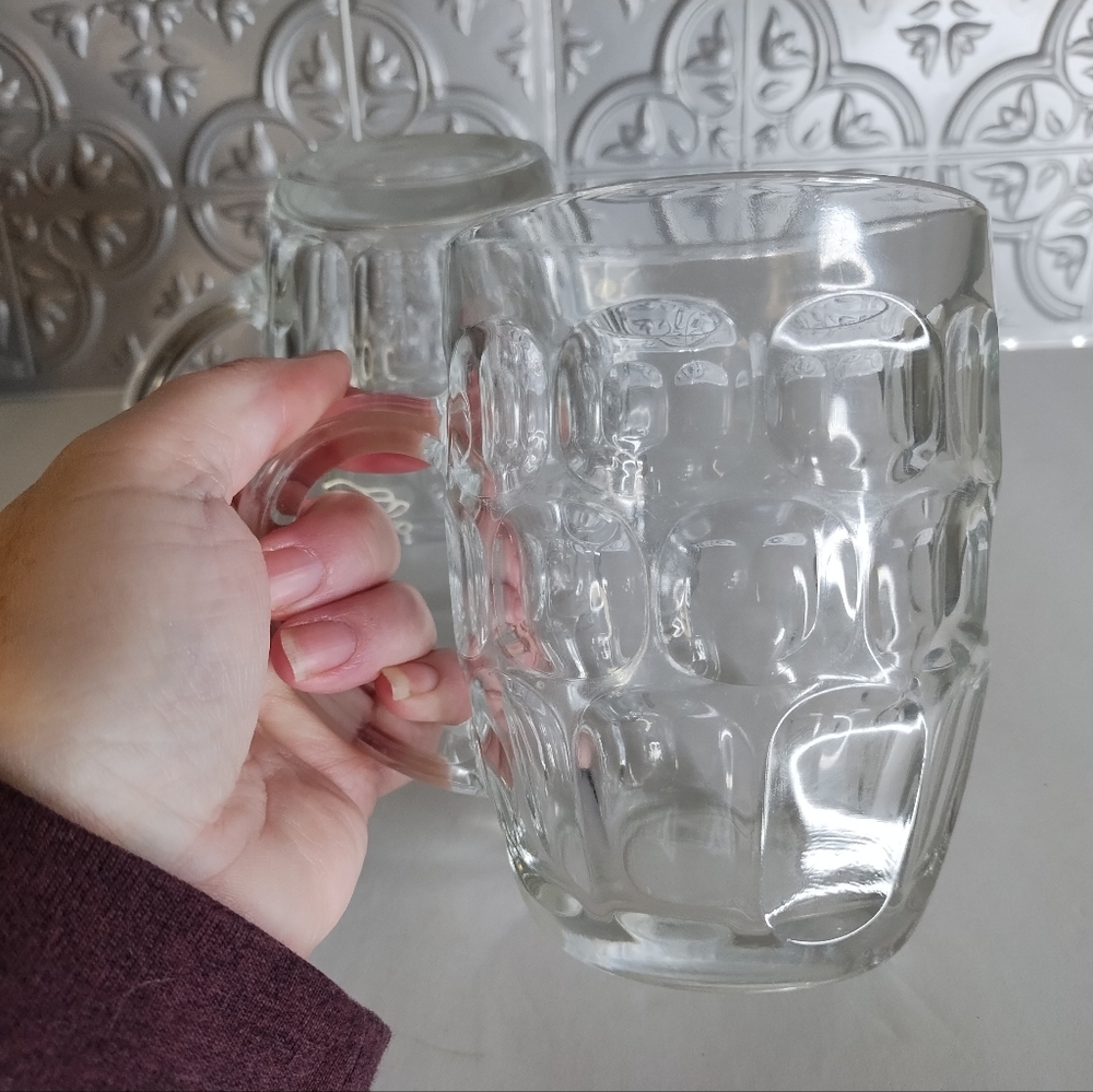 Arcoroc France Thumbprint Dimple Glass Beer Mugs Set of 2